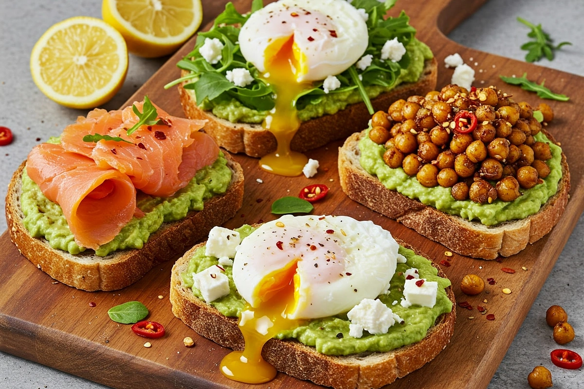 Three variations of avocado toast with poached egg featuring smoked salmon, feta, and roasted chickpeas.