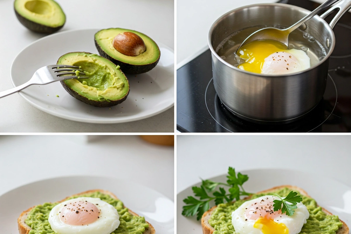 Step-by-step process of making avocado toast with poached egg