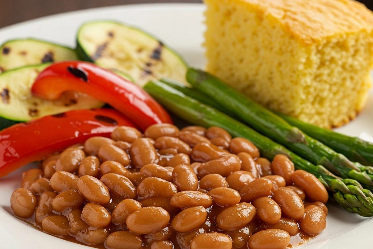 Baked beans served with grilled vegetables and cornbread