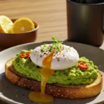 Avocado toast with poached egg served on a rustic plate with chili flakes and microgreens