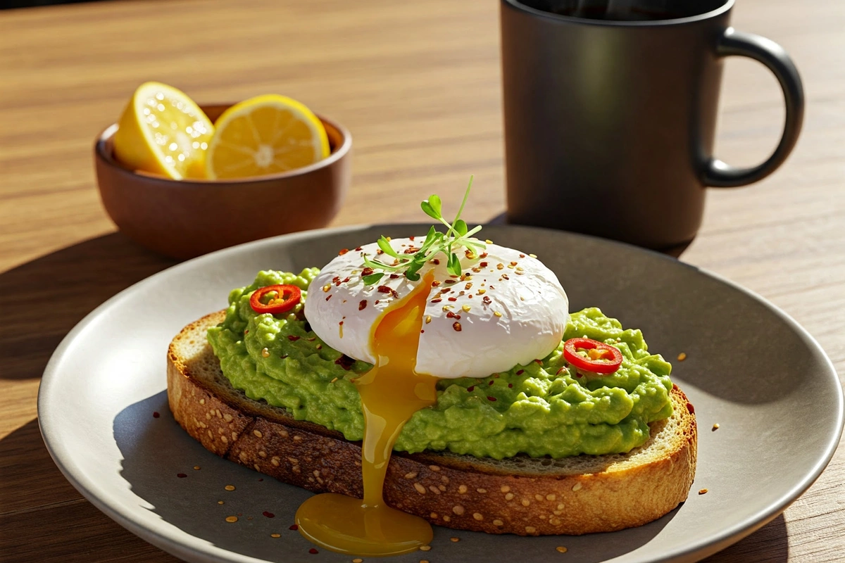 Avocado toast with poached egg served on a rustic plate with chili flakes and microgreens