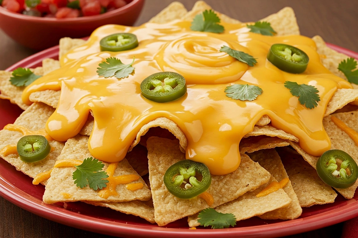 Nachos with thick Velveeta cheese dip