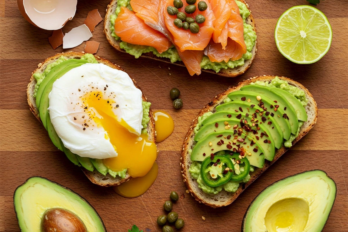 Variations of avocado toast with poached egg and toppings