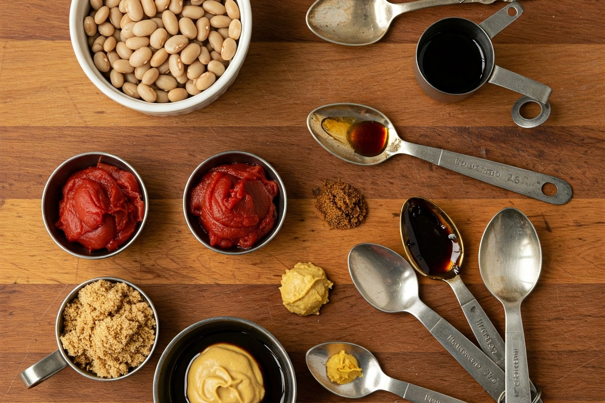 Ingredients for baked beans arranged on a wooden surface