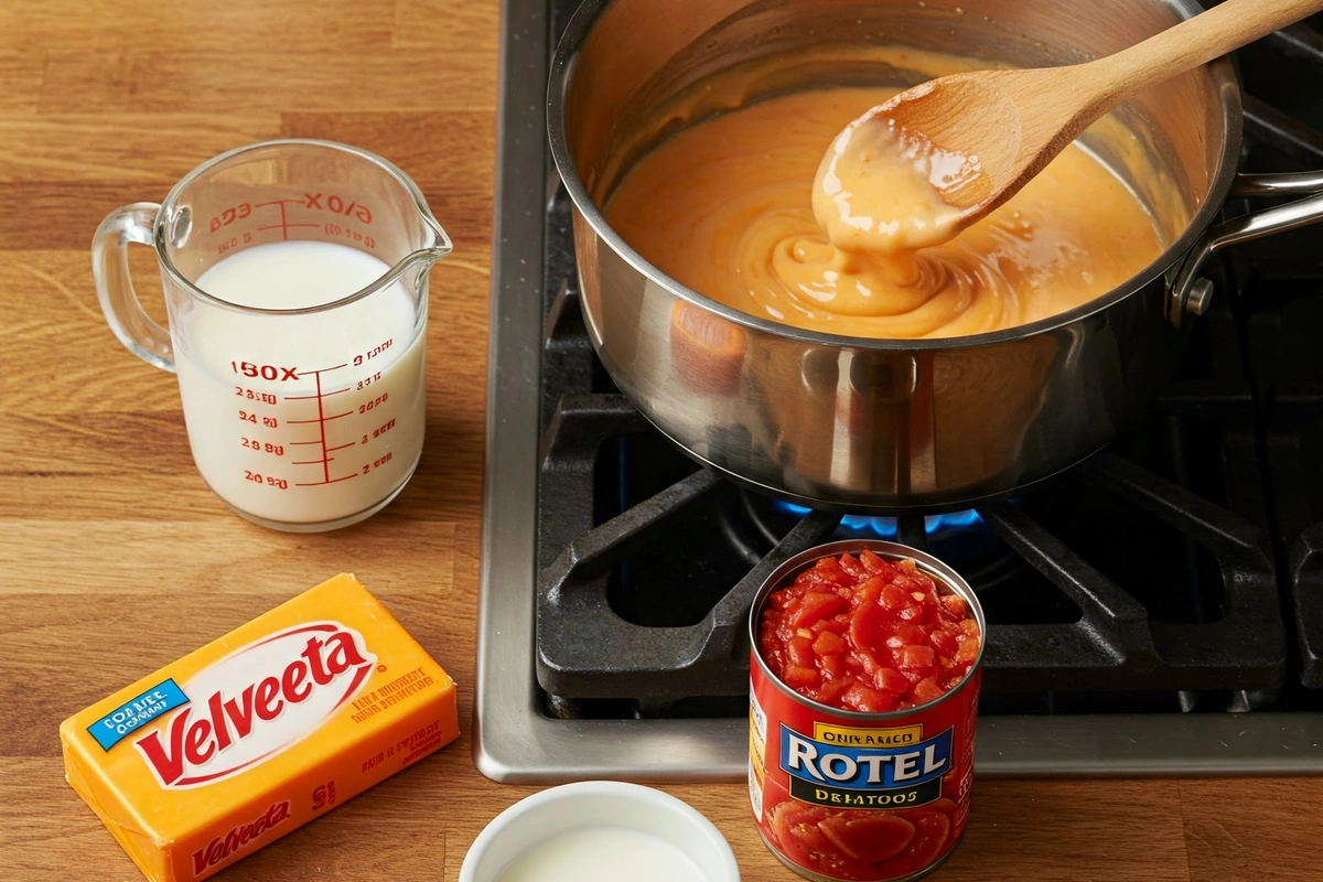 Ingredients and saucepan for making Velveeta cheese dip.