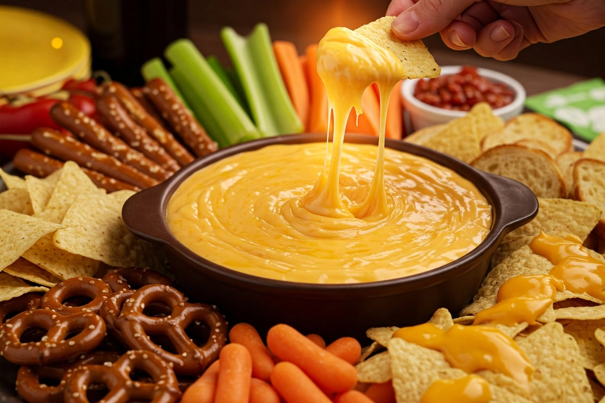 A party table with Velveeta cheese dip and various dipping options