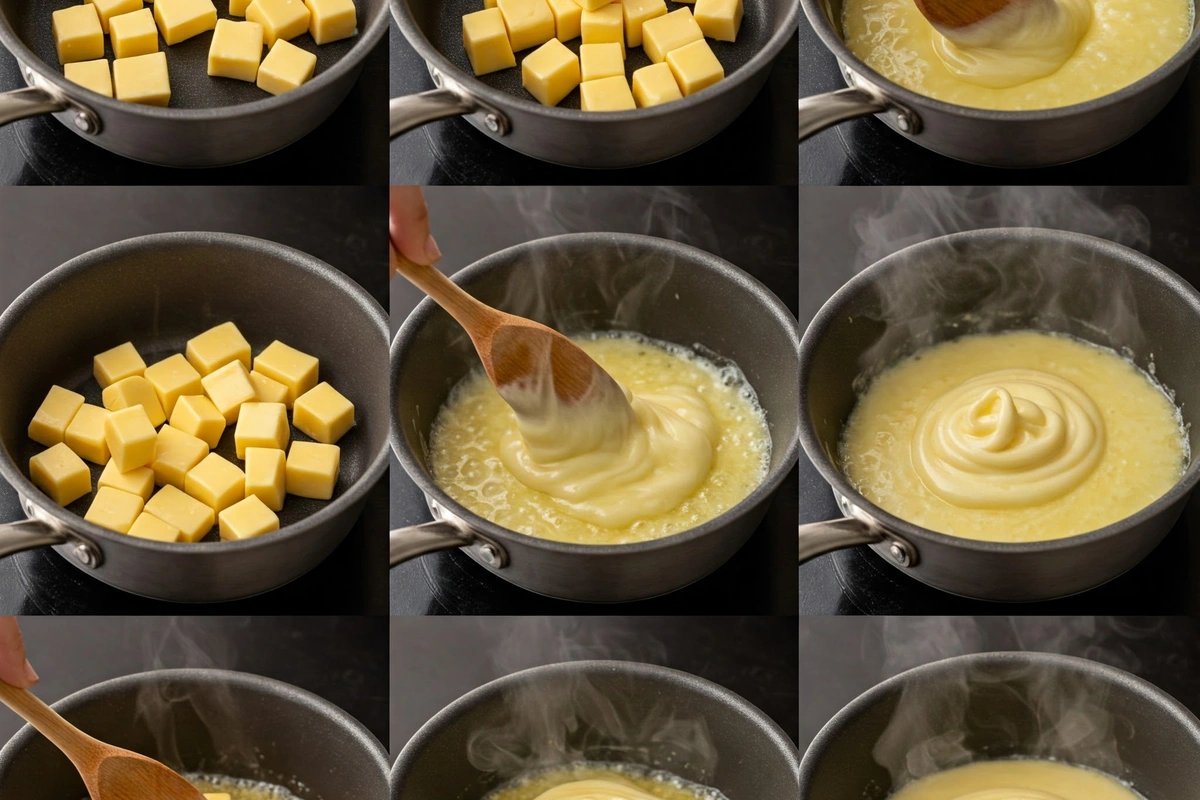 Melting Velveeta cheese cubes on a stovetop