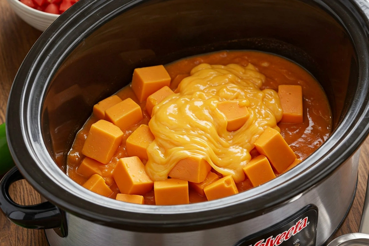 Velveeta cheese melting in a crockpot with other ingredients