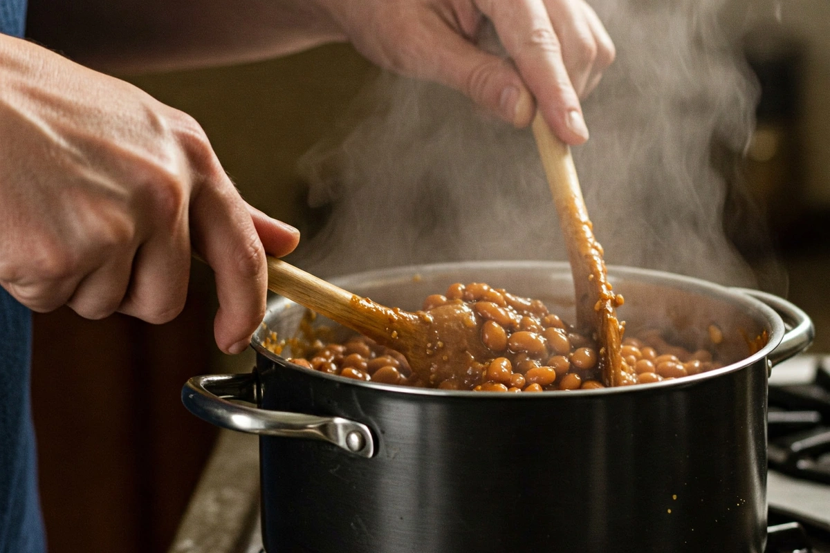 Stirring a pot of baked beans on the stovetop