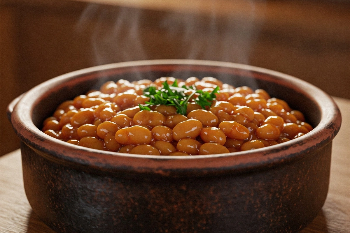 Bowl of baked beans in a rustic kitchen setting