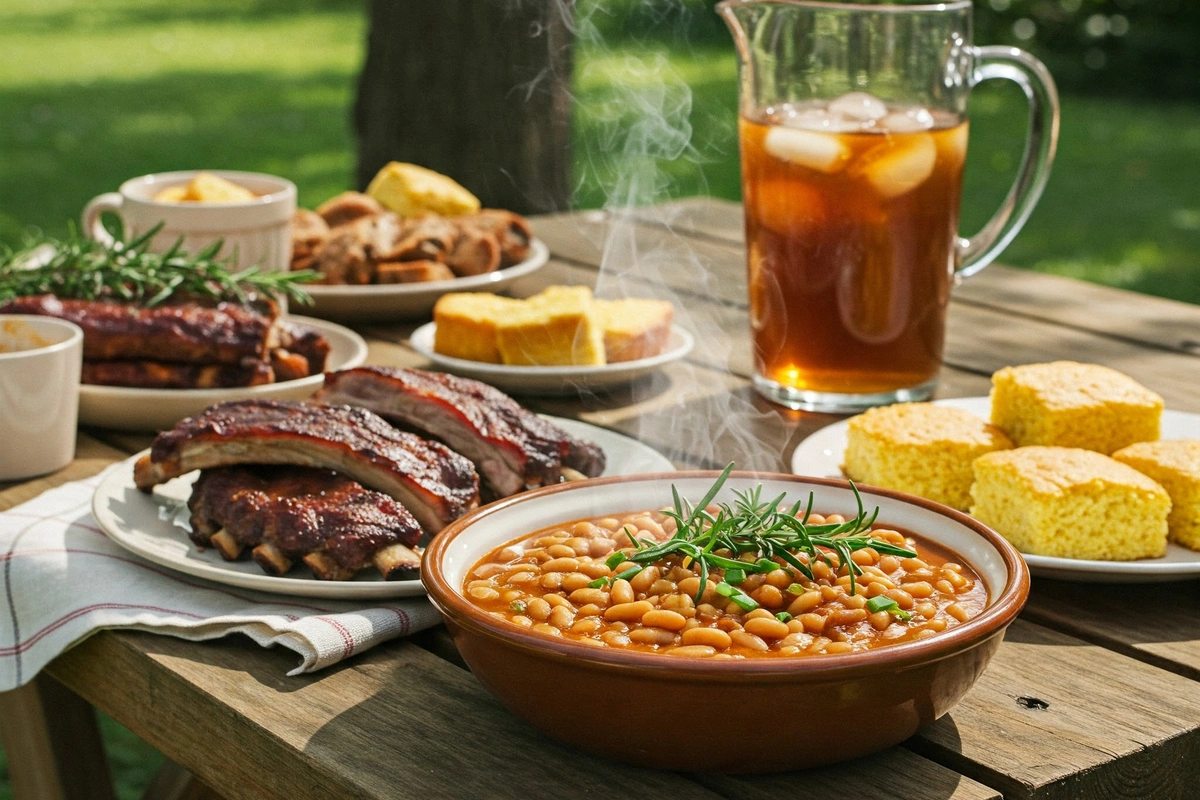 Rustic bowl of baked beans served with BBQ sides