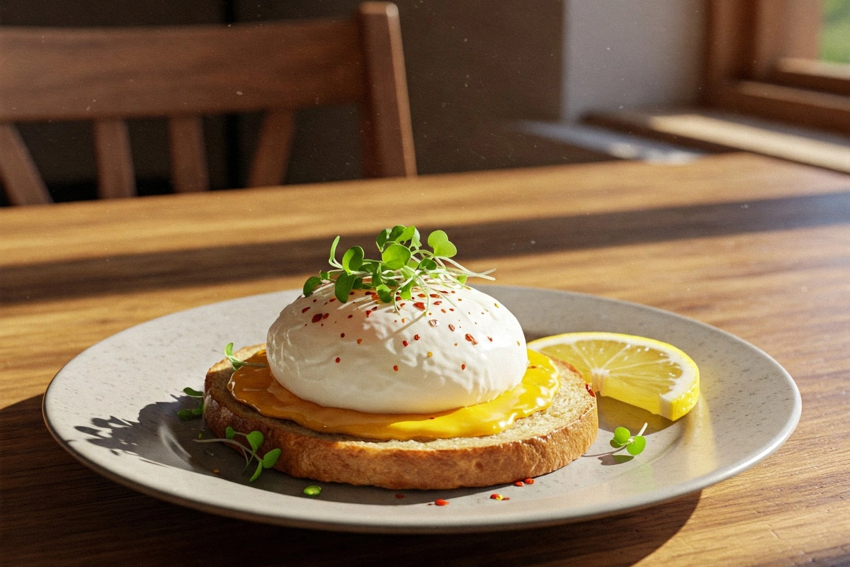 Poached egg on avocado toast with garnish