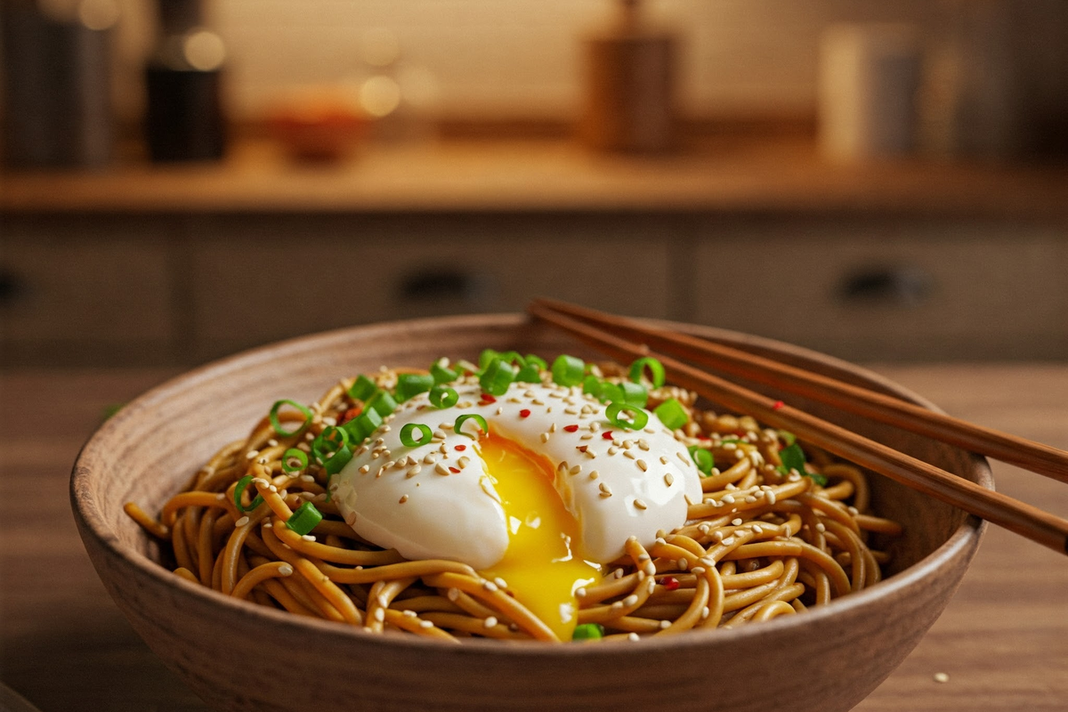 Delicious steaming bowl of noodles with egg and seasonings