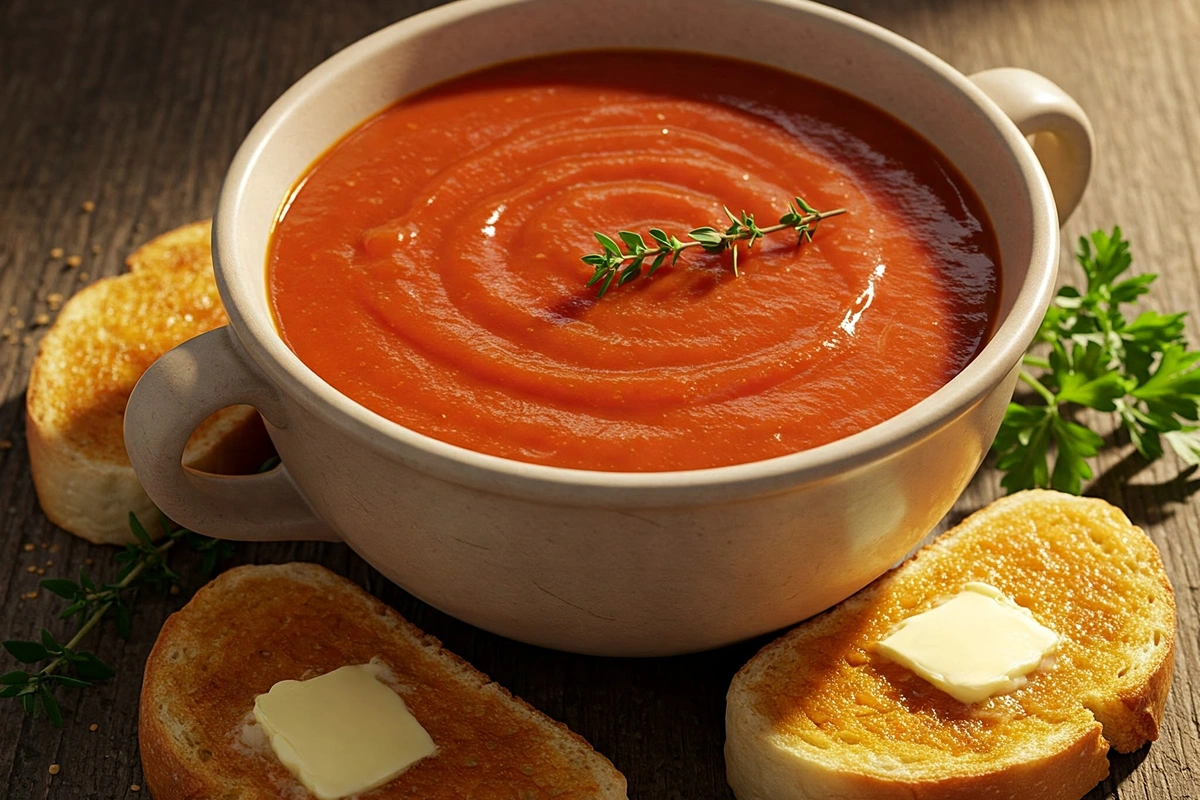 A bowl of Heinz Tomato Soup on a rustic wooden table