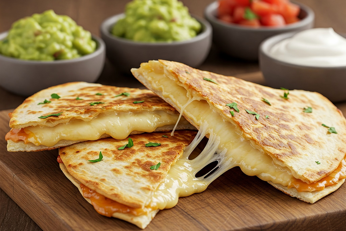 Crispy quesadilla slices with melted cheese and dips