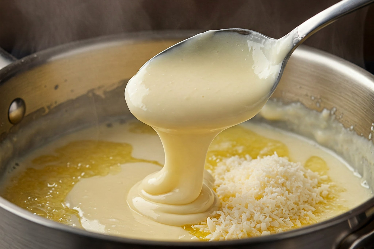 Alfredo sauce being stirred in a pan for a creamy texture.