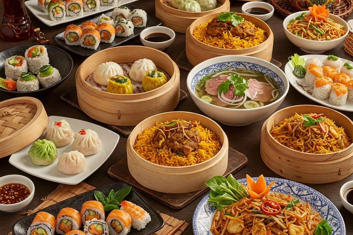 Spread of popular Asian dishes including sushi, pho, and dim sum