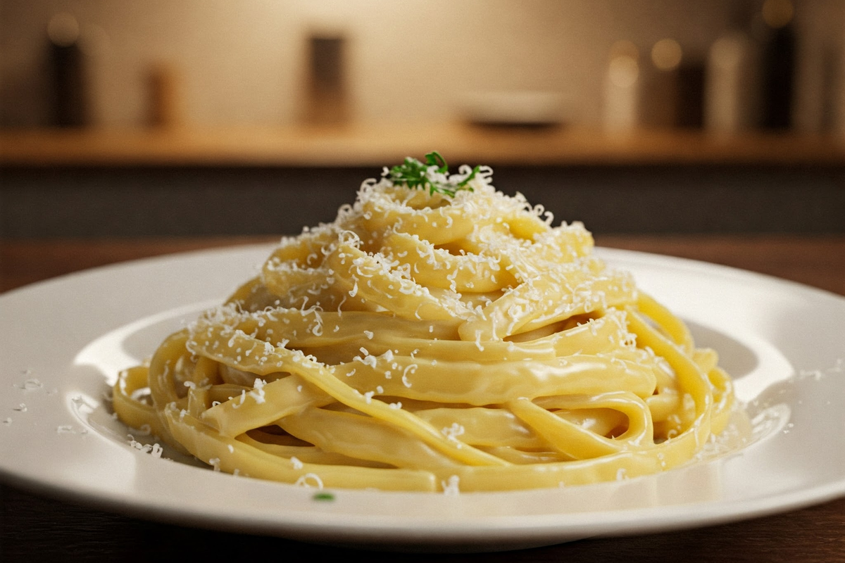 Creamy fettuccine Alfredo pasta with Parmesan cheese.