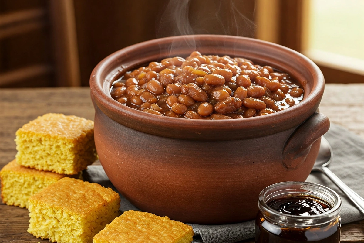 Traditional Boston baked beans in an earthenware pot