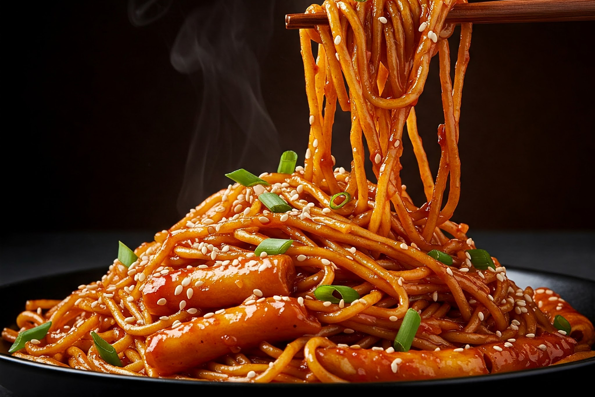 Spicy Korean fire noodles with red sauce, sesame seeds, and green onions.