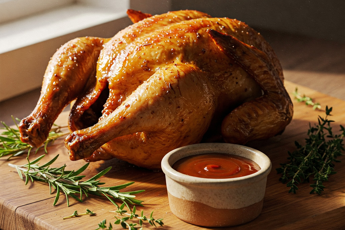 Smoked whole chicken with crispy skin on a wooden board.