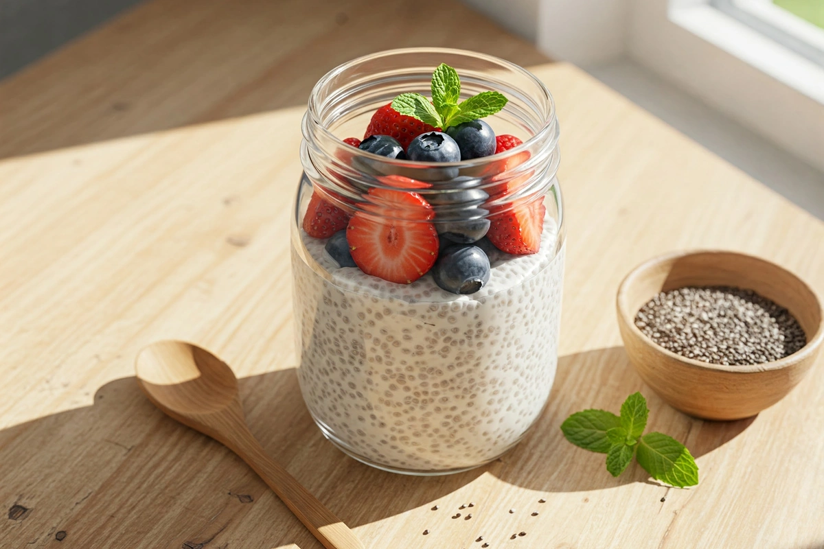 Creamy chia pudding topped with fresh berries