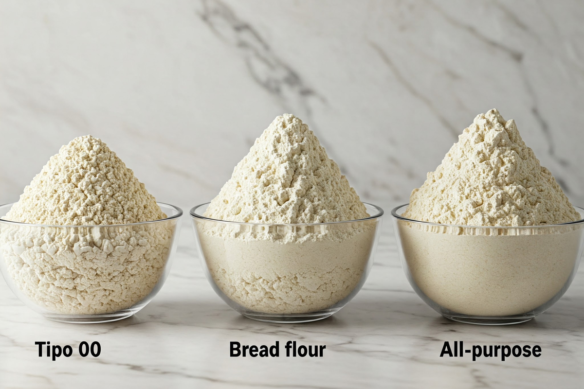  Tipo 00, bread flour, and all-purpose flour comparison.