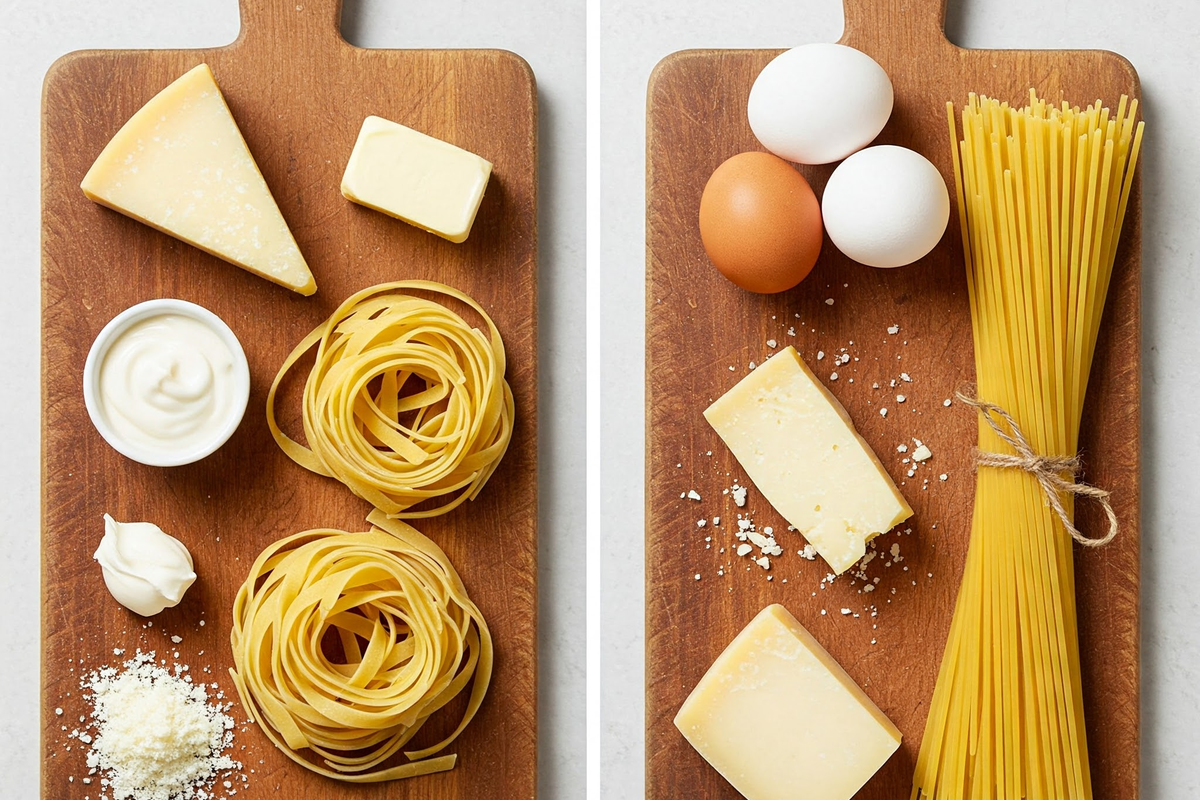 Ingredients comparison for Alfredo and Carbonara sauces.