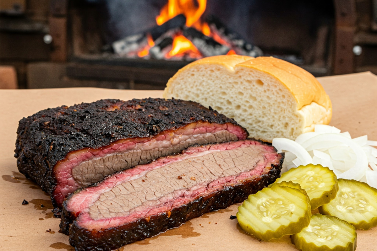 Texas-style sliced brisket served with pickles and onions