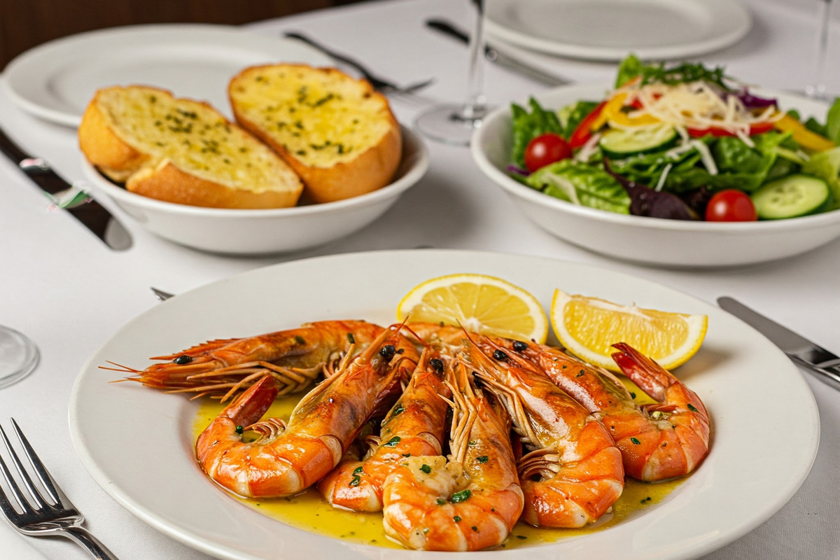 Shrimp scampi with garlic bread, salad