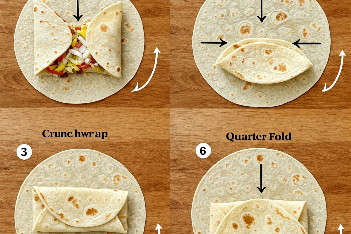  Step-by-step guide to folding a quesadilla in three ways.