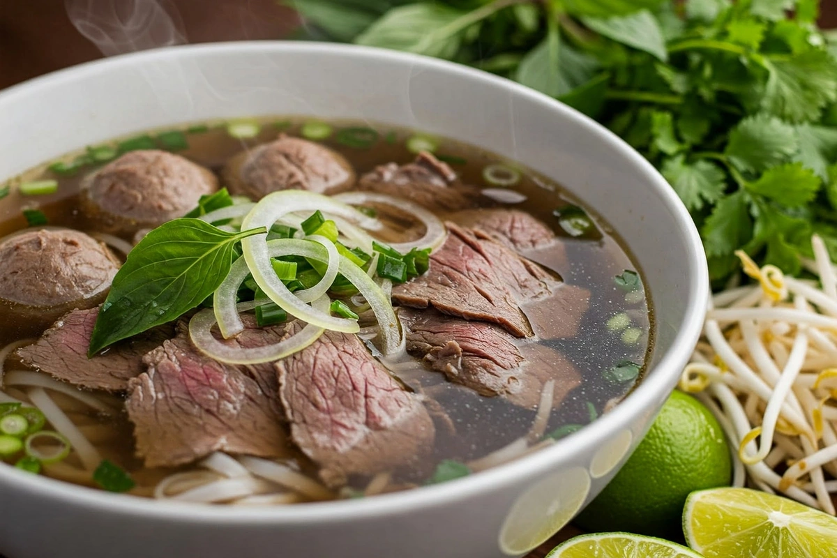 Close-up of a steaming bowl of pho with fresh herbs