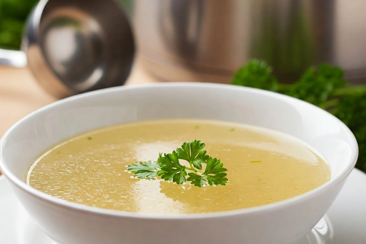  Steaming clear chicken consommé garnished with parsley