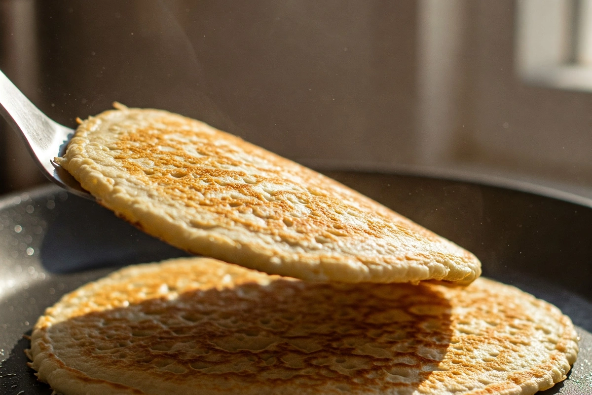  Wide spatula flipping an oat pancake