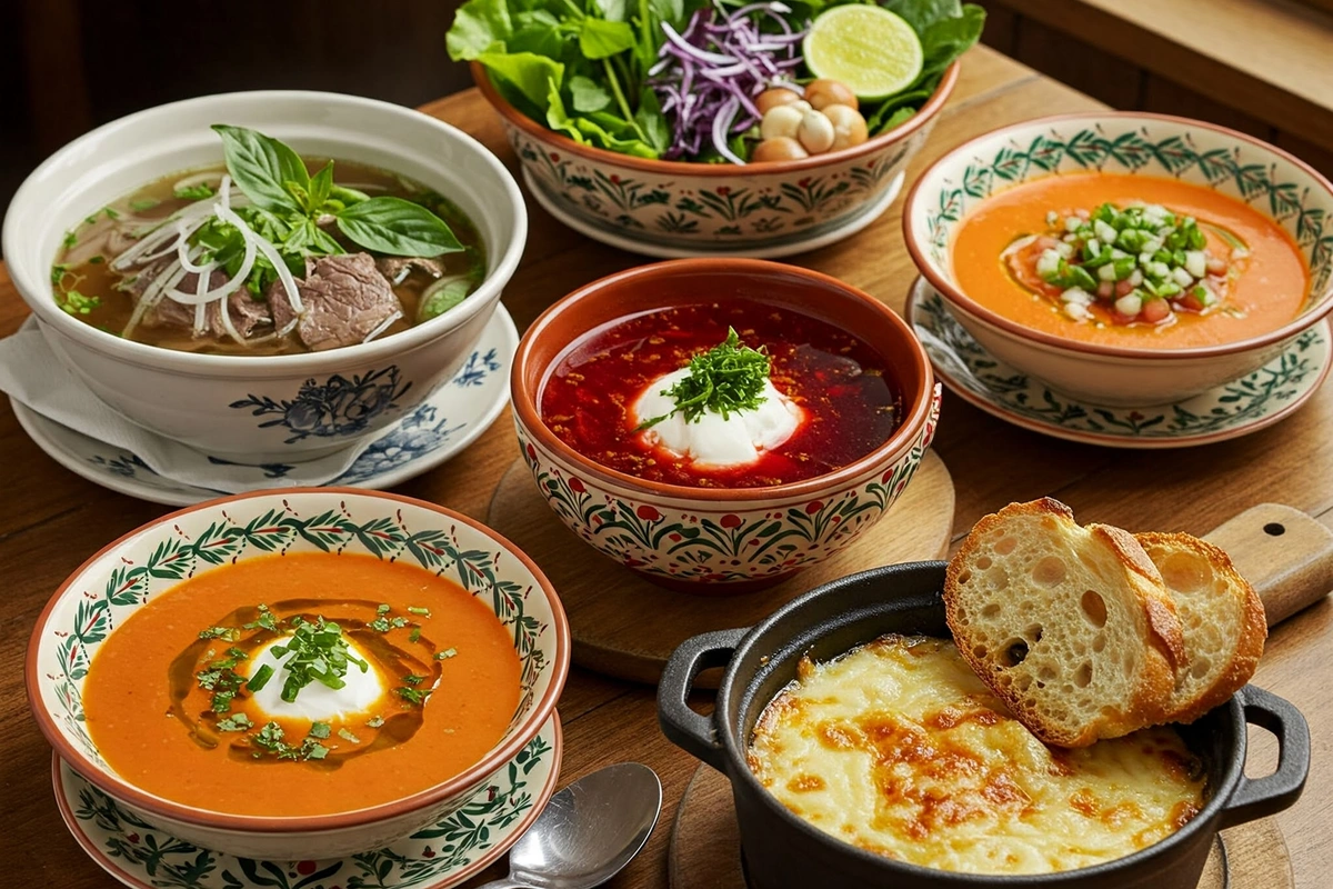 Popular global soups including Pho, Borscht, and Gazpacho beautifully presented on a rustic table