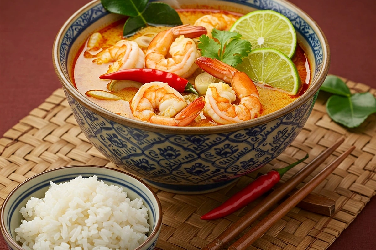 Thai Tom Yum soup with shrimp, lemongrass, and chili peppers