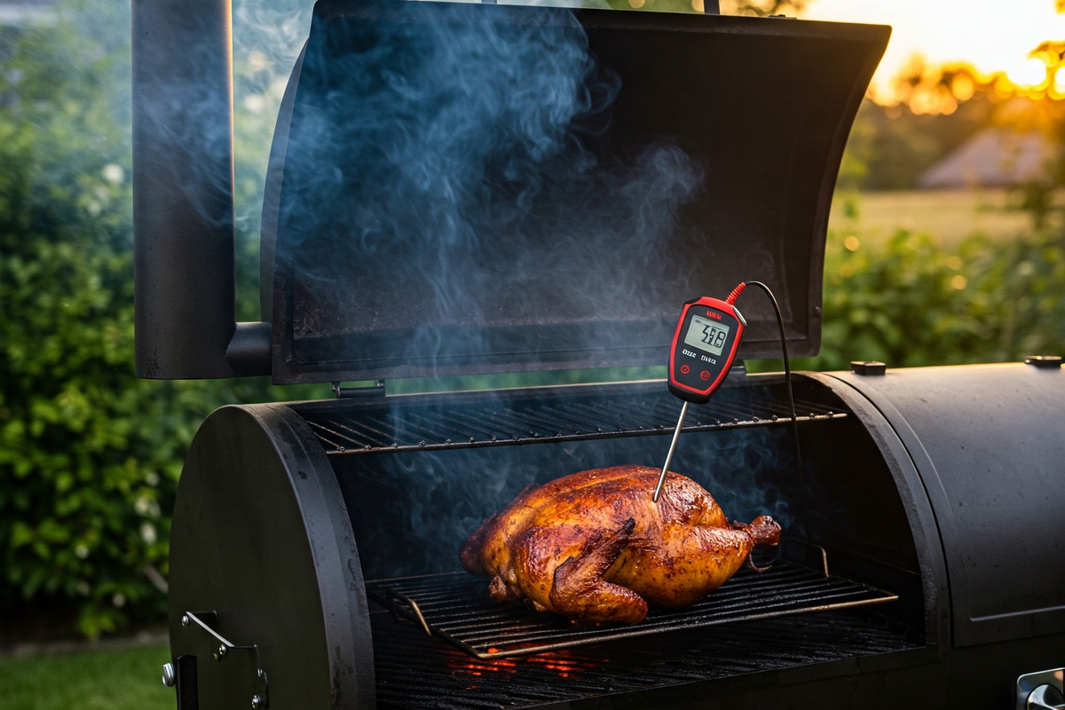 A backyard smoker with BBQ chicken and a digital thermometer