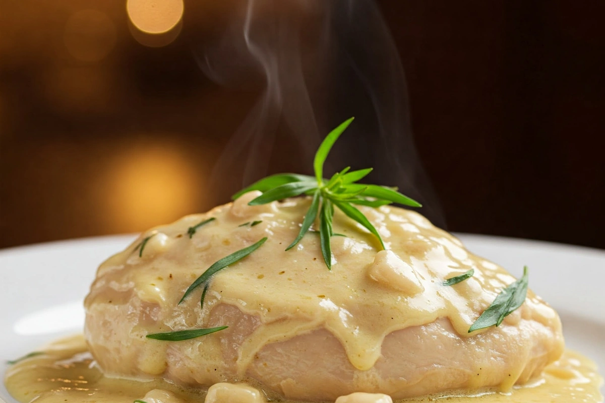 Creamy chicken dish garnished with fresh tarragon