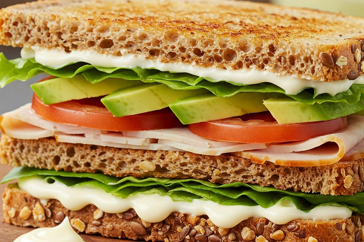 Close-up of a layered club sandwich with turkey, and avocado