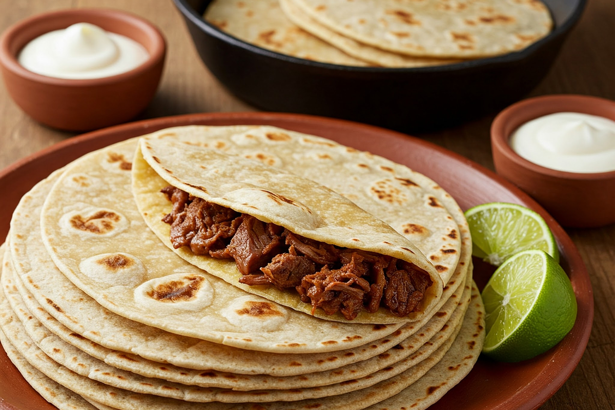 Corn and flour tortillas stacked on a plate with lime and crema.