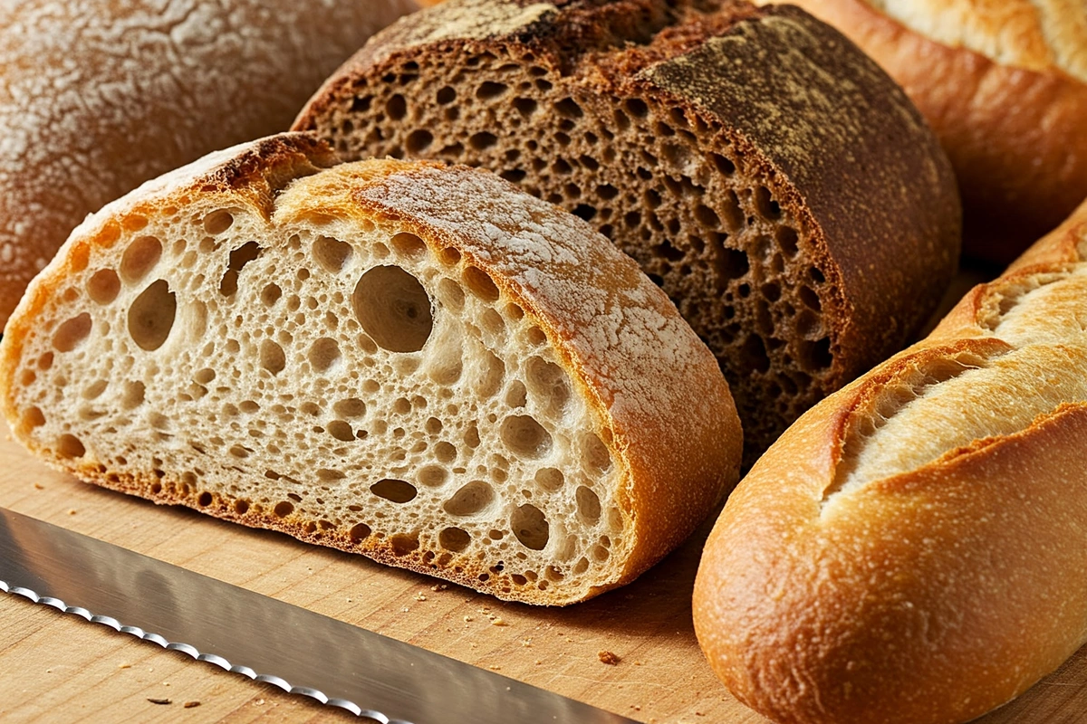 Different types of sandwich bread on a cutting board