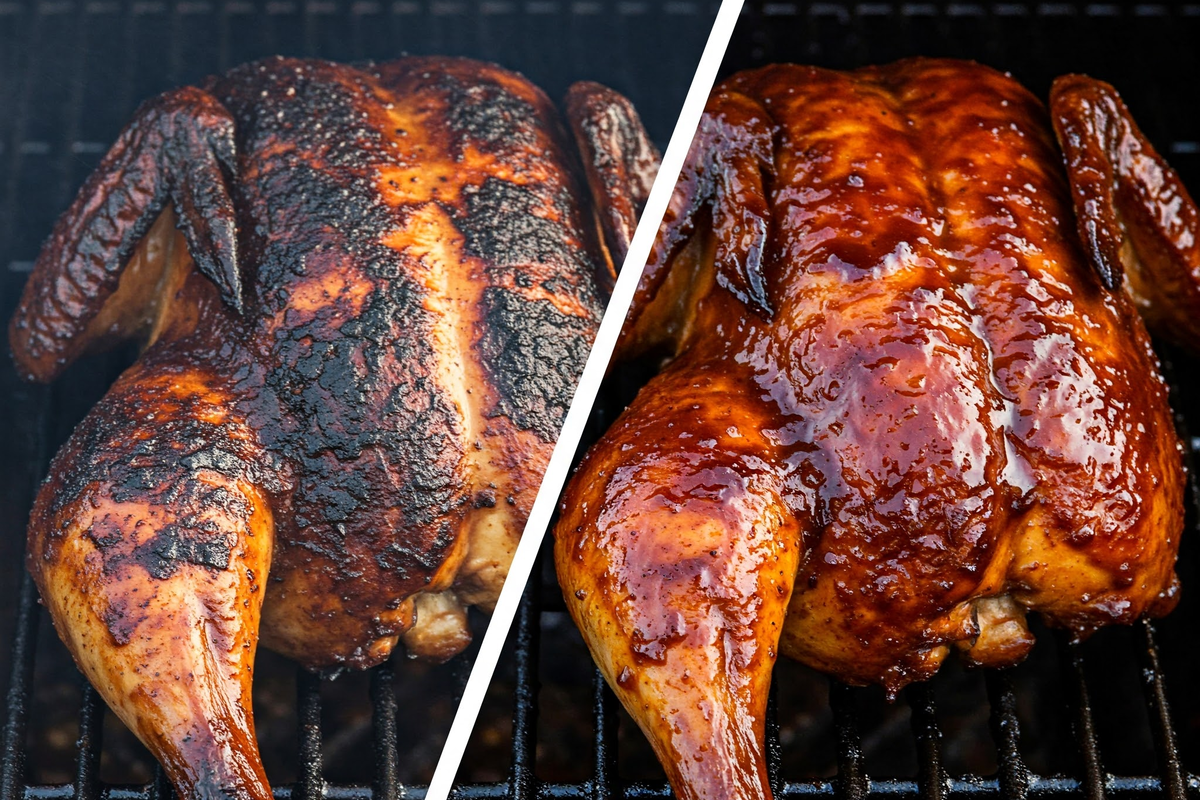  Side-by-side comparison of smoked chicken with early and late sauce application.