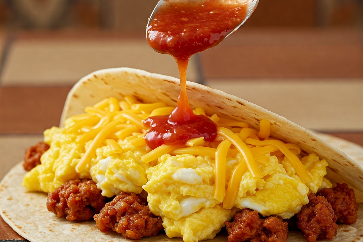 A Texas breakfast taco with chorizo, eggs, and cheese being topped with salsa.