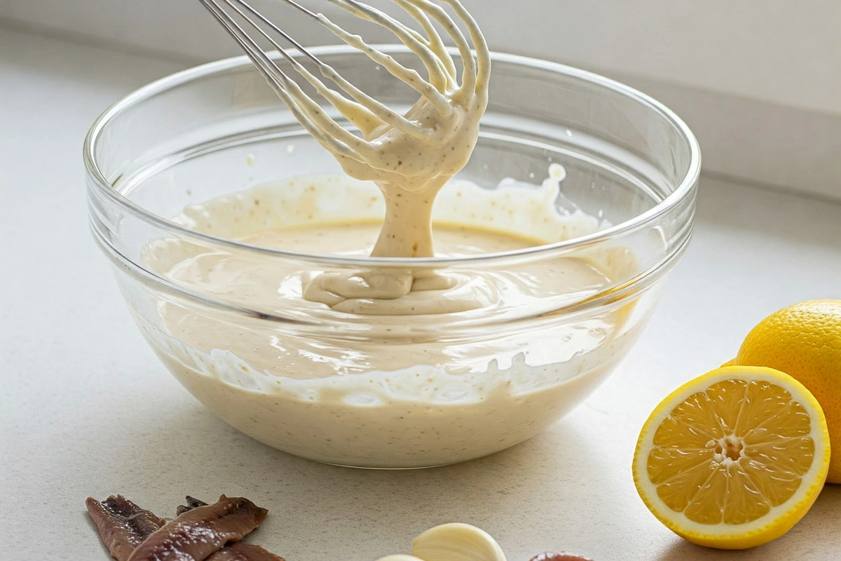  Caesar dressing being whisked with anchovies and lemon nearby