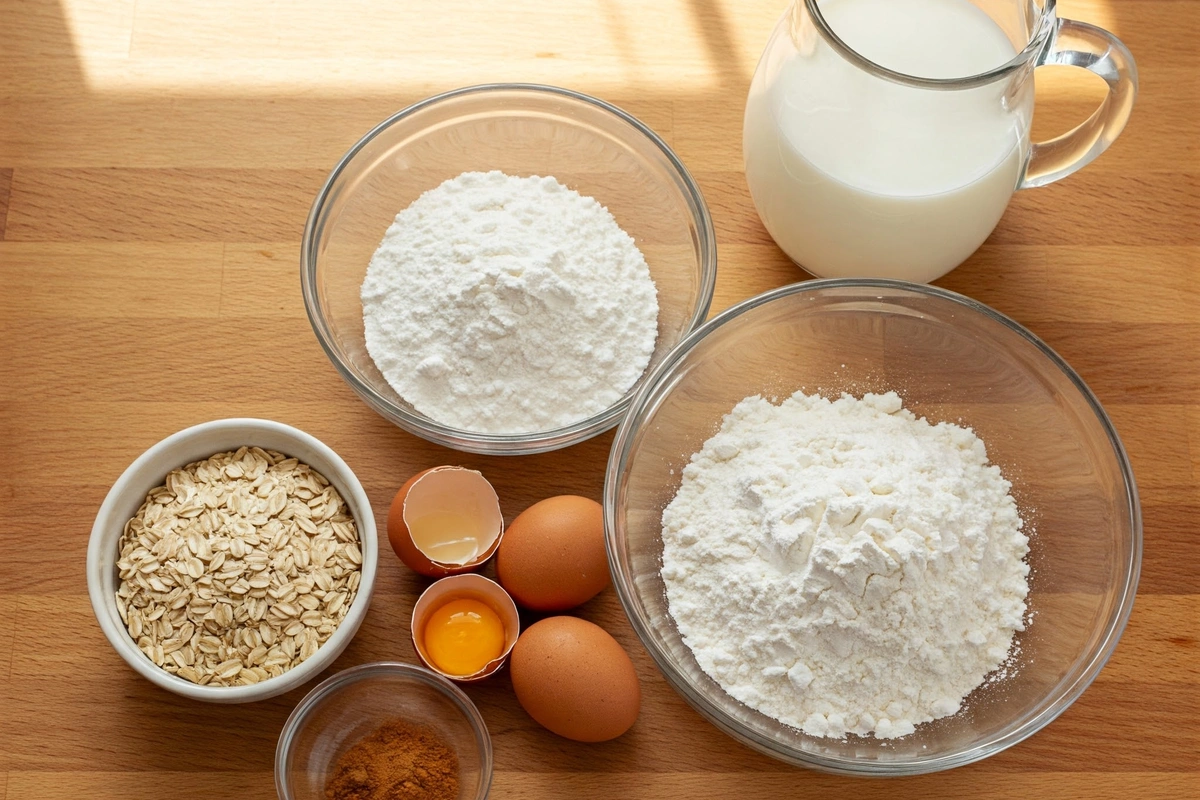 Ingredients for oatmeal pancakes recipe laid out on a countertop