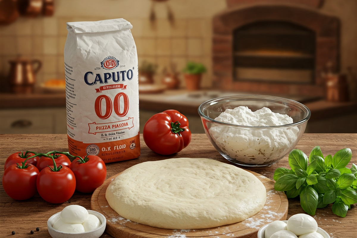 Caputo 00 flour and pizza dough on a wooden surface.