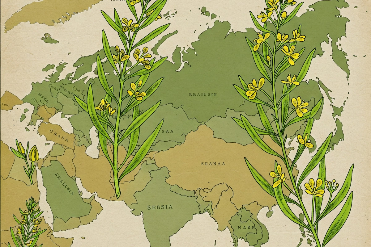 Artistic map showing tarragon's native regions: Central Asia and Europe.

