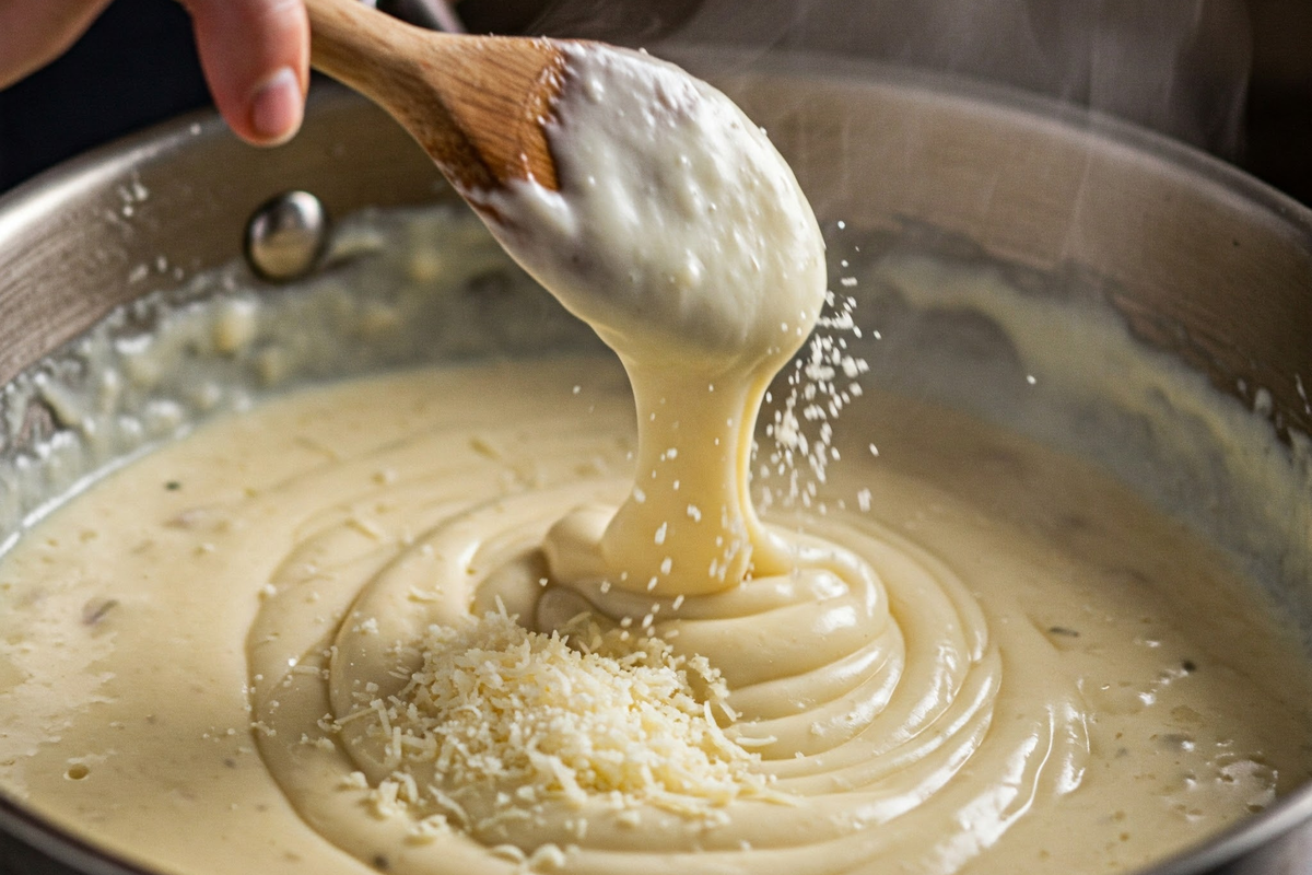 Alfredo sauce being stirred in a pan.