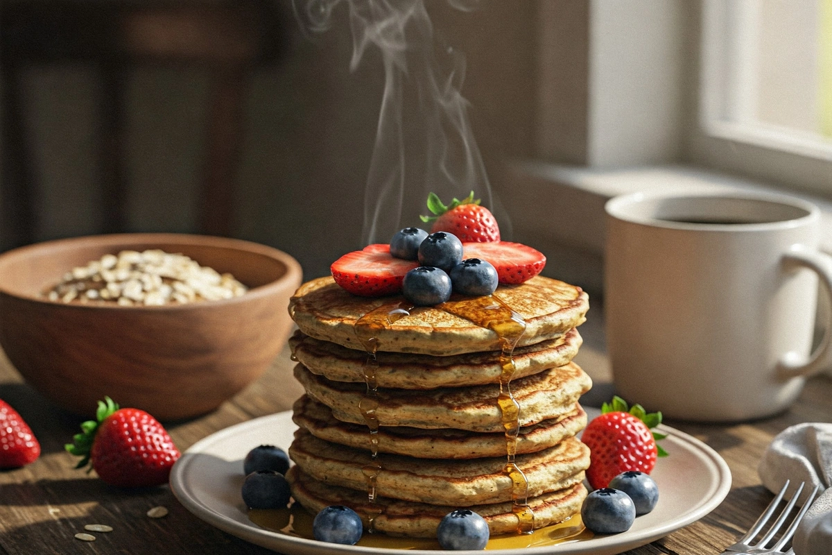 Stack of oatmeal pancakes with fresh berries and maple syrup