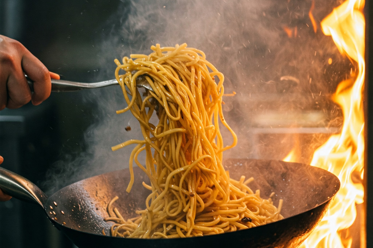  Stir-fried noodles being tossed in a wok over high heat.